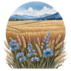 麦田,山脉,插画,黄色,蓝色,绿色,白色PNG