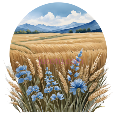 麦田,山脉,插画,黄色,蓝色,绿色,白色, PNG