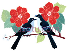 鸟,花,插画,红色,蓝色,绿色PNG