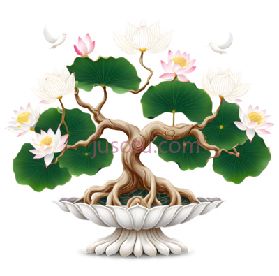 莲花树,插画,白色,粉色,绿色, PNG