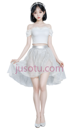 女生,白色露肩上衣配蓬蓬裙,白色PNG