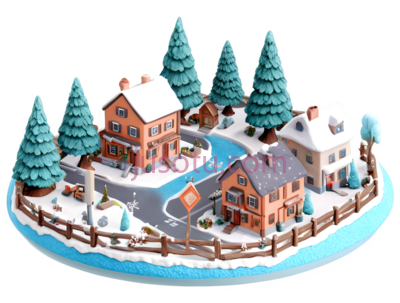 雪景小镇,卡通,蓝色,绿色,白色,棕色, PNG