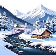 雪山,小木屋,河流,雪松树,插画,白色,蓝色,棕色PNG