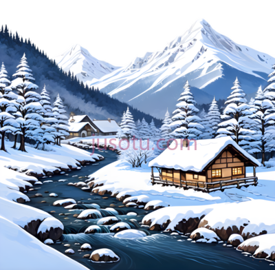雪山,小木屋,河流,雪松树,插画,白色,蓝色,棕色, PNG