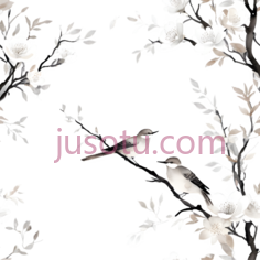 鸟,花,水墨画,黑白PNG