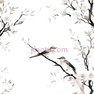 鸟,花,水墨画,黑白, PNG