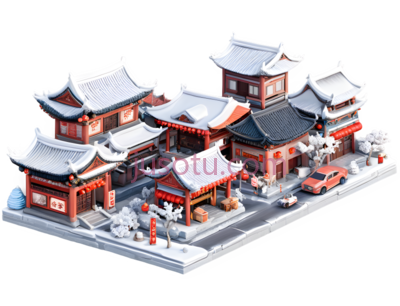 建筑群,中式,红色,白色,灰色, PNG