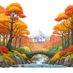 山脉,树木,桥梁,河流,插画,橙色,黄色,绿色,蓝色,白色PNG