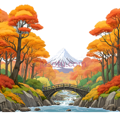 山脉,树木,桥梁,河流,插画,橙色,黄色,绿色,蓝色,白色, PNG