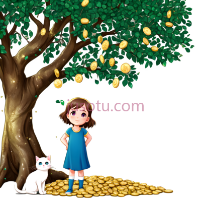 小女孩, 白猫, 金钱树,卡通,绿色, 黄色, 蓝色, PNG