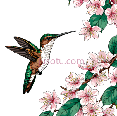 蜂鸟,樱花,浅棕色,翠绿色, PNG