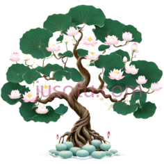 莲花树,插画,绿色,棕色,粉色PNG