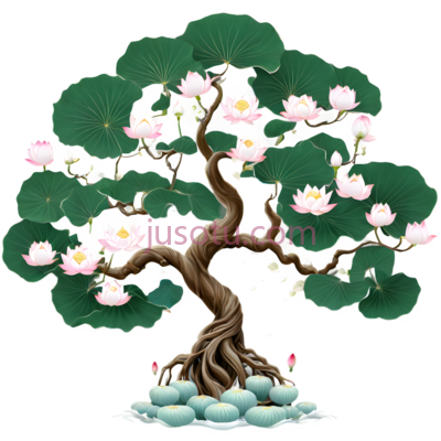 莲花树,插画,绿色,棕色,粉色, PNG