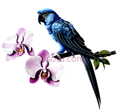 鹦鹉,兰花,插画,蓝色, 紫色, PNG