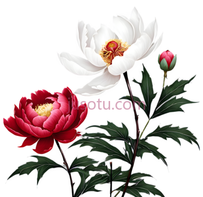 牡丹,插画,白色,红色, PNG