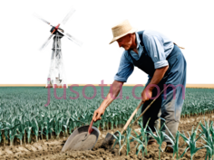 农民,穿着蓝色短袖衬衫,卡其色帽子,绿色植物PNG