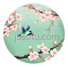鸟,花,中国绘画,绿色背景上有粉色花朵,彩色小鸟PNG