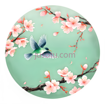 鸟,花,中国绘画,绿色背景上有粉色花朵,彩色小鸟, PNG