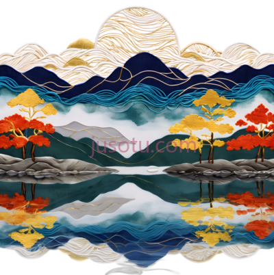 山,云,树,水,插画,白色,蓝色,黄色,红色, PNG