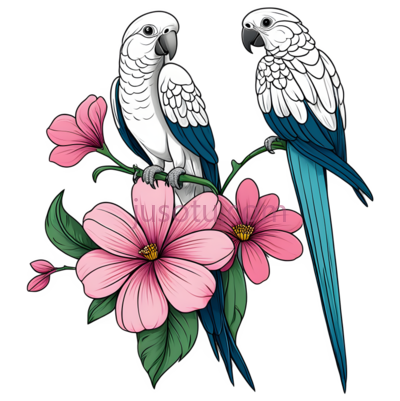 鹦鹉,花朵,插画,白色,蓝色,粉色, PNG
