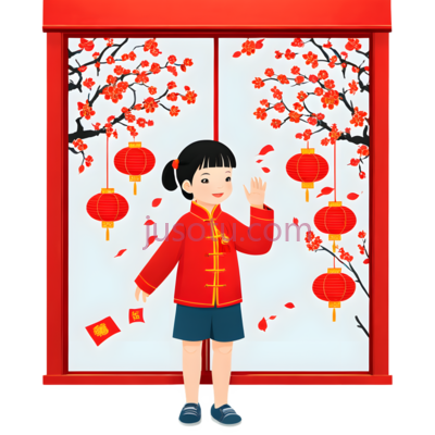 女孩,卡通,红色上衣, 蓝色短裤, PNG