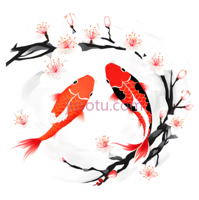 金鱼,樱花,插画,红色,白色, PNG