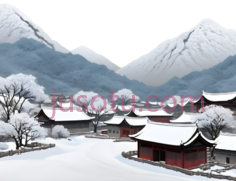 雪景,水墨画,白色,红色,灰色PNG