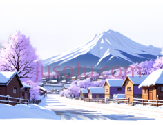 雪山, 房屋, 树木,插画,蓝色, 紫色, 白色PNG