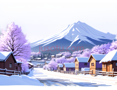 雪山, 房屋, 树木,插画,蓝色, 紫色, 白色, PNG