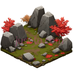 石头, 树木, 小路,3D,灰色, 红色, 绿色PNG