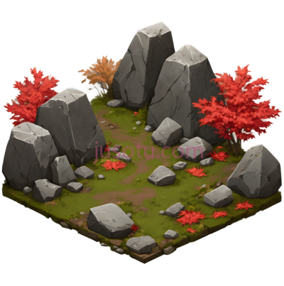 石头, 树木, 小路,3D,灰色, 红色, 绿色, PNG
