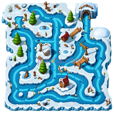 雪地,河流,树木,房屋,卡通,蓝色,绿色,白色,棕色, PNG