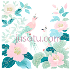 鸟,花,插画,粉色,蓝色,绿色PNG