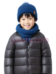男孩,冬季服装,黑色羽绒服, 蓝色帽子,围巾PNG