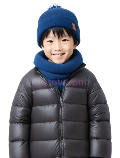 男孩,冬季服装,黑色羽绒服, 蓝色帽子,围巾, PNG