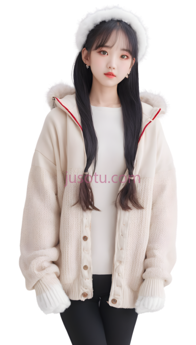 女孩,休闲,米色外套, 白色毛衣, 黑色裤子, PNG