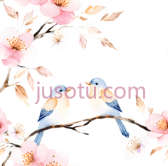 鸟,花,插画,蓝色,白色,粉色PNG