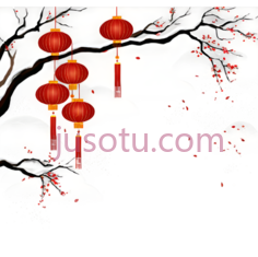 灯笼,树枝,花朵,水墨画,红色,白色,黑色PNG