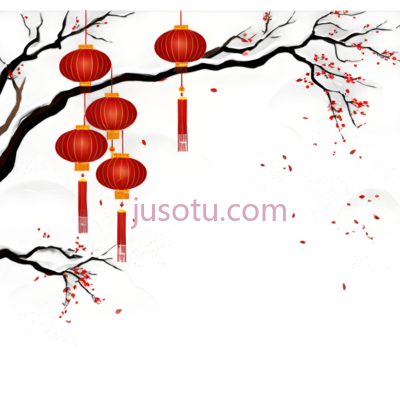 灯笼,树枝,花朵,水墨画,红色,白色,黑色, PNG