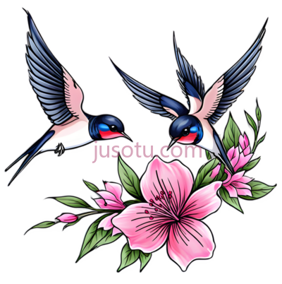 燕子,粉花,纹身, PNG