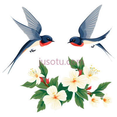 燕子,花朵,插画,蓝色,白色,绿色, PNG