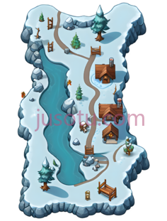 雪地,河流,小路,树木,房屋,卡通,白色, 蓝色, 绿色, 棕色PNG