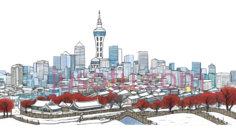 城市天际线,现代都市,蓝色,白色,红色PNG