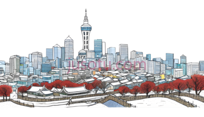 城市天际线,现代都市,蓝色,白色,红色, PNG