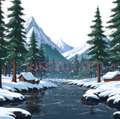 雪山, 森林, 小屋, 小河,插画,绿色, 白色, 蓝色PNG