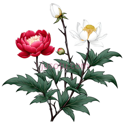 牡丹,插画,红色,白色, PNG