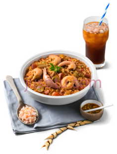 海鲜饭,西班牙风味,白色碗, 米色勺子, 蓝灰色餐巾PNG