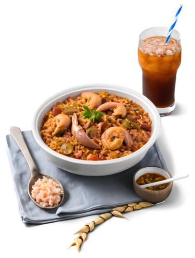 海鲜饭,西班牙风味,白色碗, 米色勺子, 蓝灰色餐巾, PNG