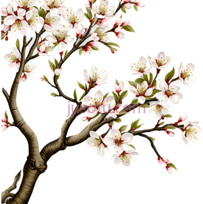 樱花树,水墨画,白色,粉色,绿色, PNG