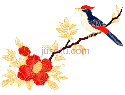 鸟,花,插画,红色,黄色,蓝色,白色,黑色, PNG